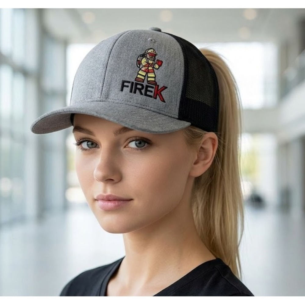 Pacific Headwear Fire K Trucker‎ Hat Mens S/M Gray Black Flexfit Cap 405